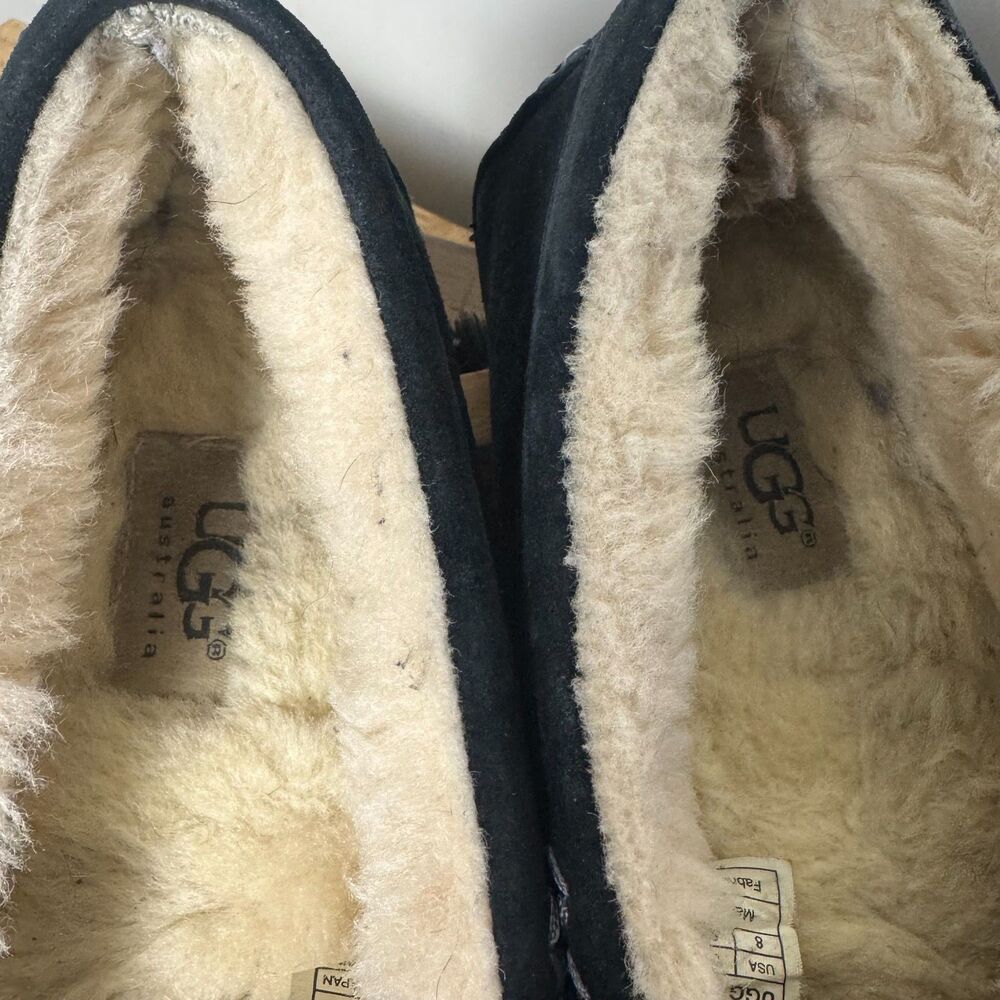 UGG Black Suede Slippers Women 8 Moccasin Shearling Lined Cozy House Shoes - Picture 9 of 11